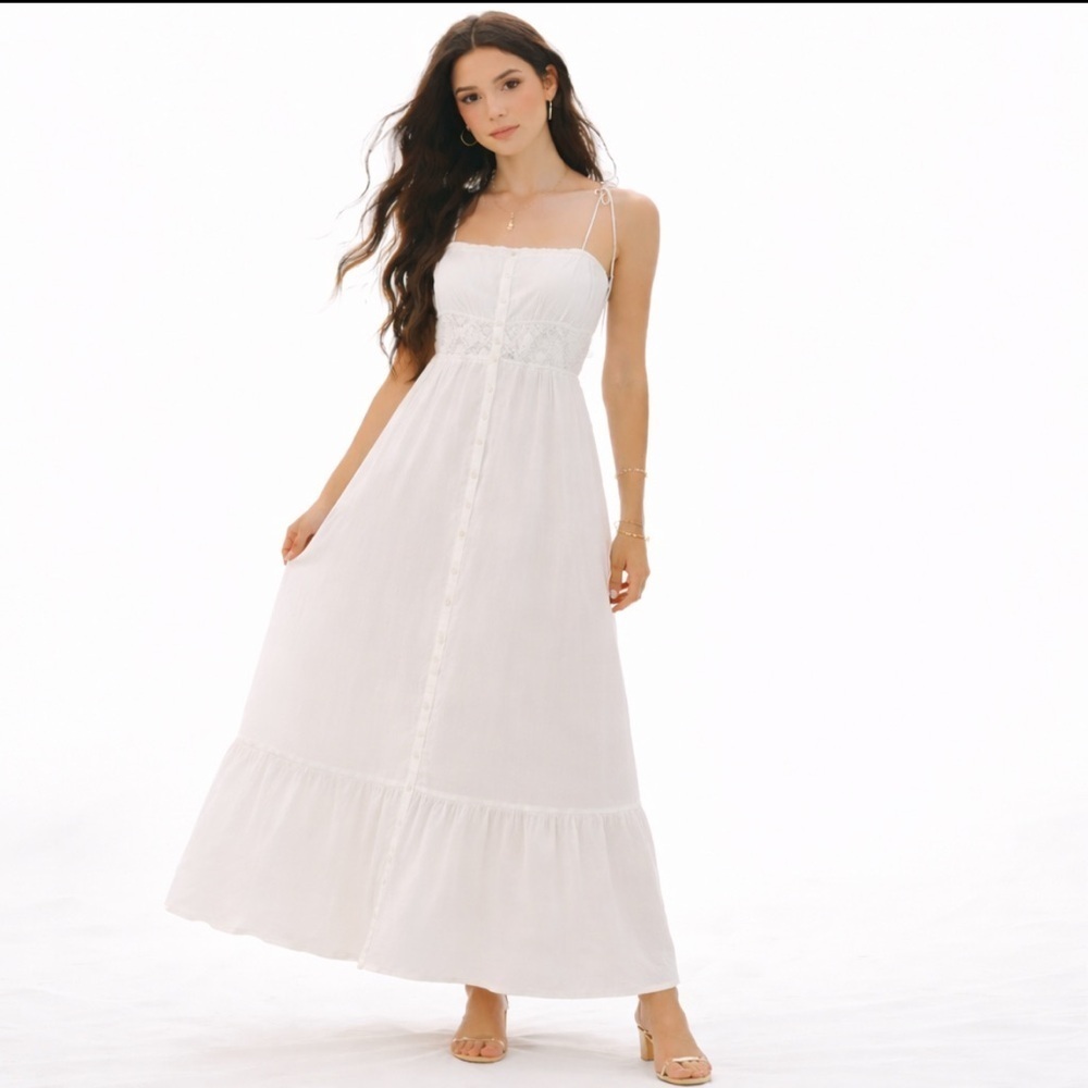 Aerie Dress Ivory Maxi Crochet Gauze Tiered Sundress Medium Boho Festival Indie